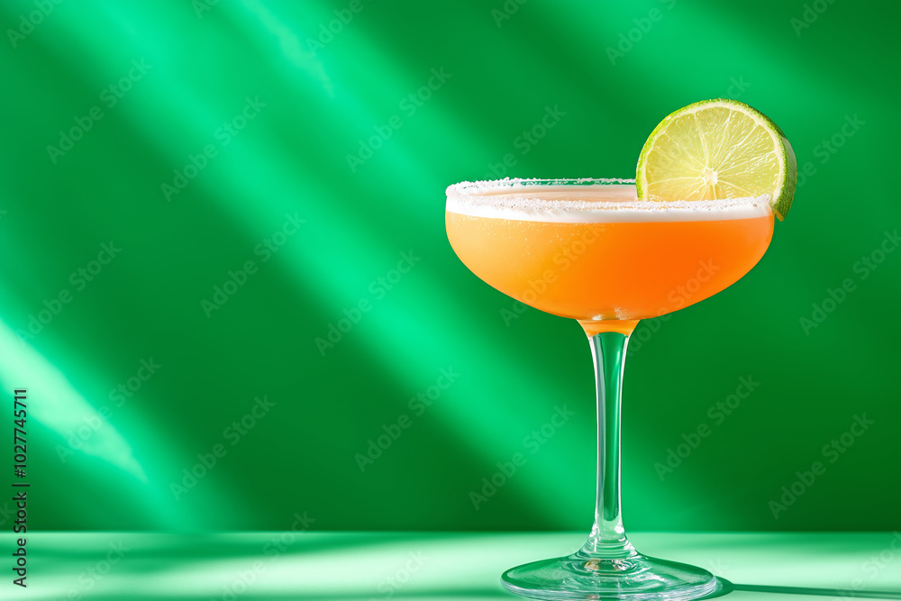 Bright orange cocktail served in a stylish glass with a lime garnish against a green backdrop Bright orange cocktail served in a stylish glass with a lime garnish against a green backdrop