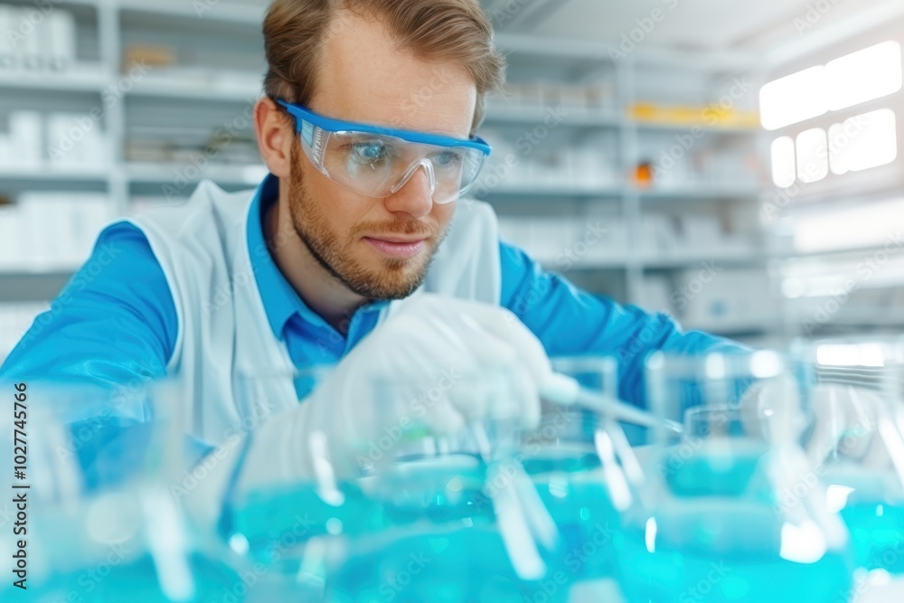 Male scientist conducts an experiment in a modern laboratory setting, focusing intently. He wears safety goggles and gloves for protection. Male scientist conducts an experiment in a modern laboratory setting, focusing intently. He wears safety goggles and gloves for protection.