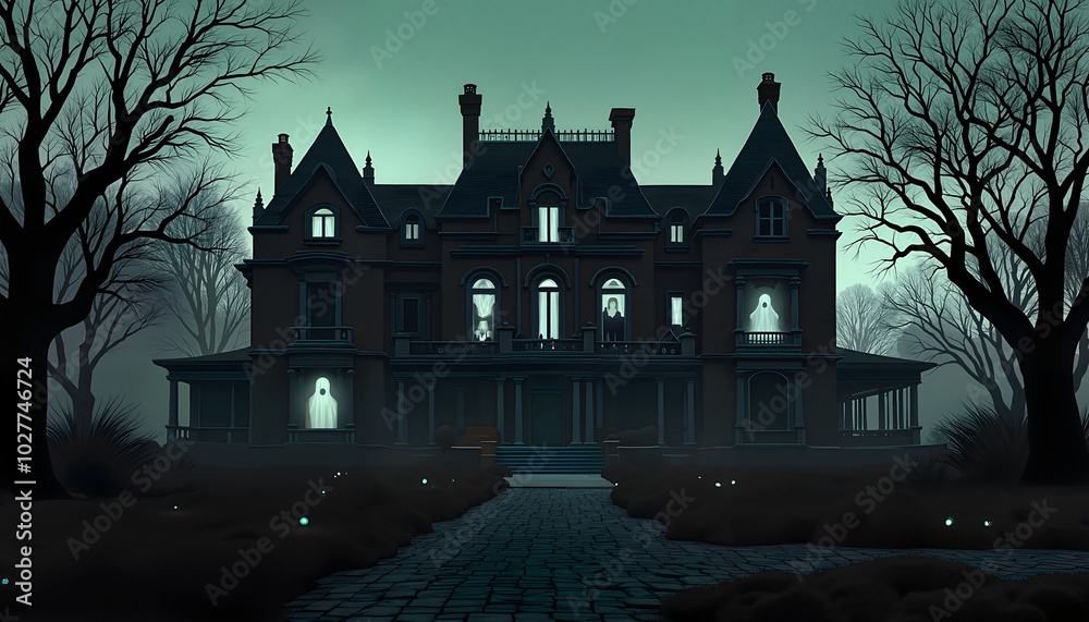Haunted Victorian mansion with eerie moonlit atmosphere. Haunted Victorian mansion with eerie moonlit atmosphere.