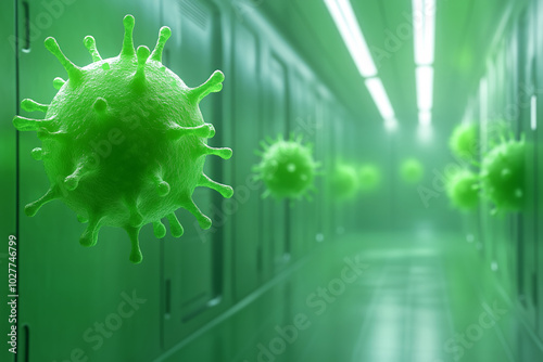 Green virus cells floating in a futuristic laboratory corridor under dim lighting photo