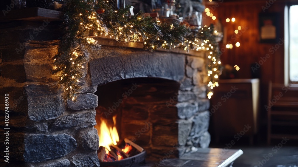 Cozy Stone Fireplace with Twinkling Holiday Lights Cozy Stone Fireplace with Twinkling Holiday Lights