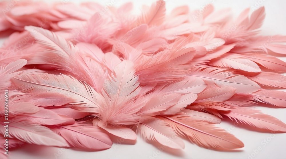 A collection of delicate, soft pink feathers scattered over a bright white background, creating a light and airy feel. A collection of delicate, soft pink feathers scattered over a bright white background, creating a light and airy feel.