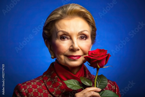 blue background, striking, monarchy, stock image, Imperatrice Farah the former Empress of Iran is depicted in this stock photo with a vibrant red rose on a striking blue background photo