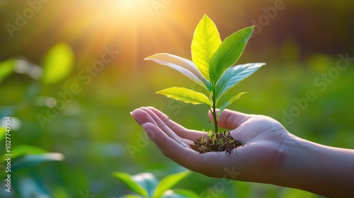 A hand cradling a green seedling with a clean, vibrant nature backdrop, symbolizing dedication to eco-conscious living and conservation