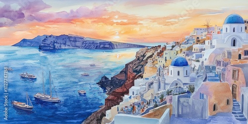 A serene sunset over the beautiful coastline of Santorini. Colorful buildings and peaceful waters blend into a breathtaking view. This artwork captures a moment of tranquility and charm. AI