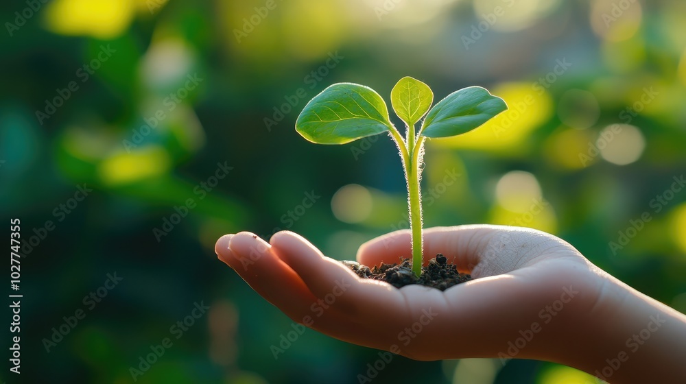 A hand cradling a small green sprout against a vibrant, natural setting, illustrating care for the environment and eco-conscious living A hand cradling a small green sprout against a vibrant, natural setting, illustrating care for the environment and eco-conscious living