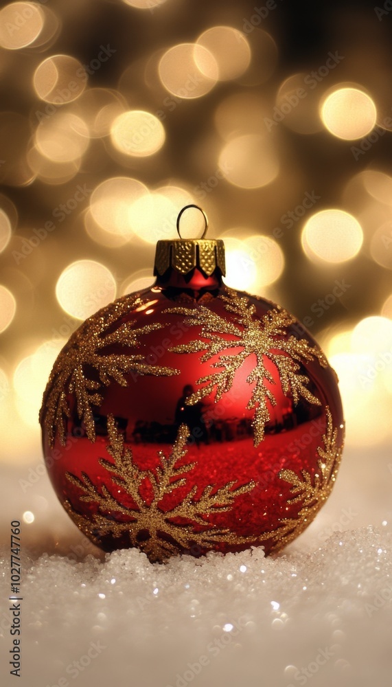 A single red Christmas ornament with gold snowflake designs sits on a bed of faux snow with a warm, blurry background of sparkling lights. A single red Christmas ornament with gold snowflake designs sits on a bed of faux snow with a warm, blurry background of sparkling lights.