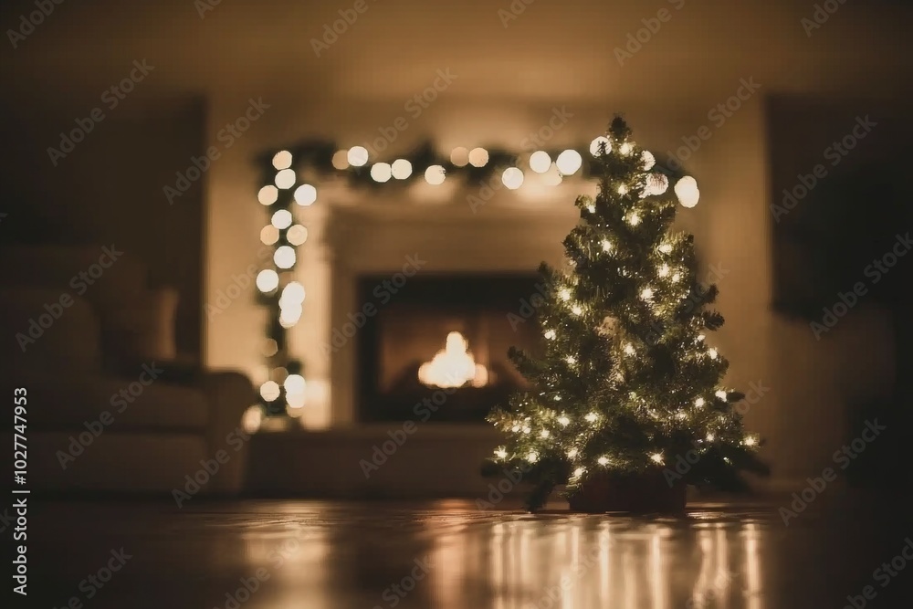 A small Christmas tree with twinkling lights sits in front of a fireplace, creating a cozy and festive atmosphere. A small Christmas tree with twinkling lights sits in front of a fireplace, creating a cozy and festive atmosphere.