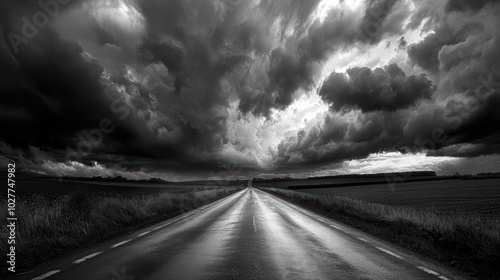 Storm over the road in the countrtyside, heavy clouds on sky