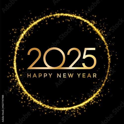 2025 golden New Year in golden sparkling ring with dust glitter on dark background, Happy New Year decorative shiny design for award celebration