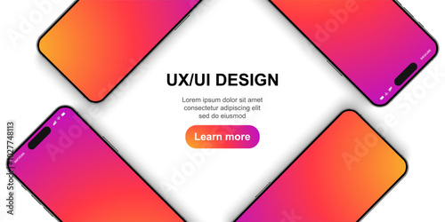 Smartphone mockup group front view with shadow, 3D mobile phones, high quality smart phone mockup for ui ux presentation, smart phone set isolated on white background