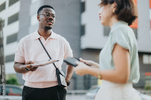 A diverse business team holds a meeting outdoors, engaging in strategic discussions. The setting fosters collaboration and teamwork in an informal environment.