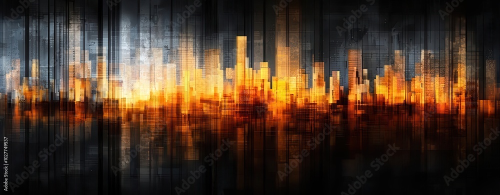 Naklejka premium Abstract city skyline with vibrant orange flames against a dark background.
