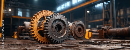 Close-up of rusty gears on a workshop table, industrial setting with dramatic lighting.