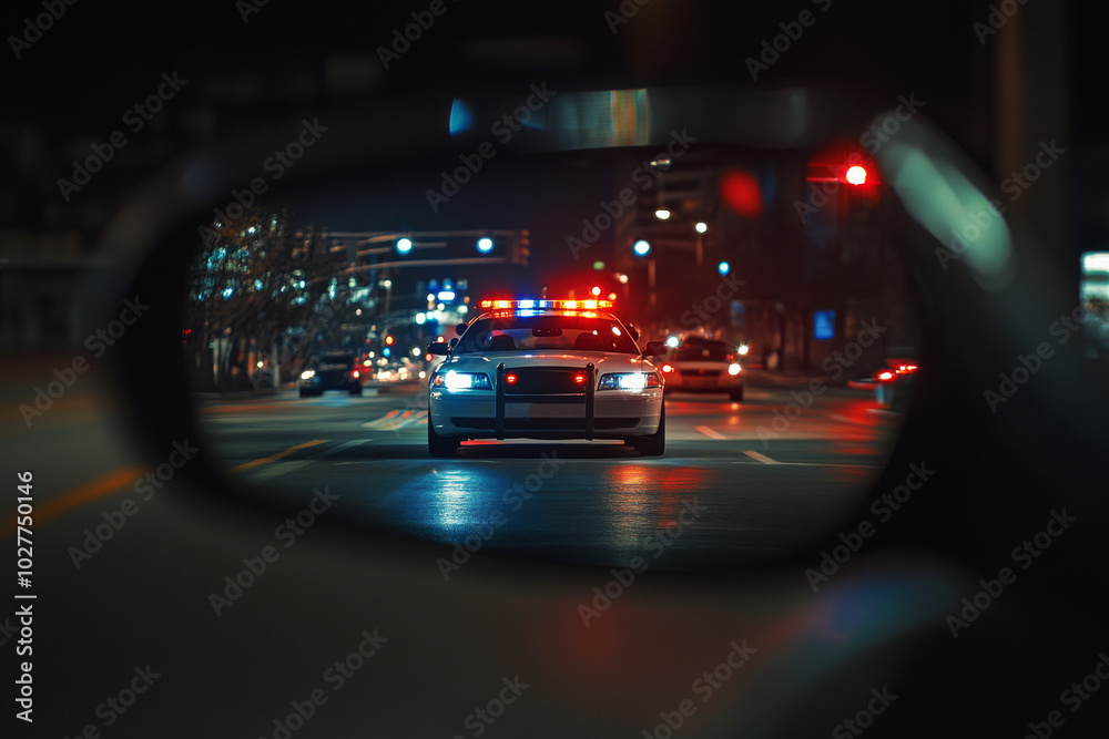 View from rearview mirror on police car with flashing lights is driving on city street at night