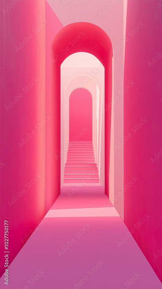 A vibrant pink hallway with arches and stairs leading to light at the end of a surreal corridor A vibrant pink hallway with arches and stairs leading to light at the end of a surreal corridor