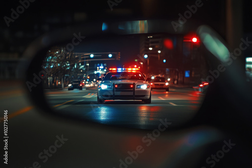 Obraz na płótnie View from rearview mirror on police car with flashing lights is driving on city street at night w salonie