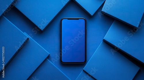 Vibrant blue phone background design with textured blue panels surrounding the device