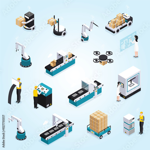 Isometric smart industry icon set with robotics tools and equipment service workers and scientists vector illustration