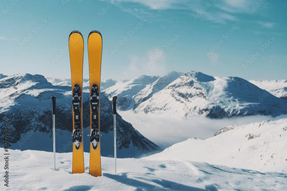 Pair of yellow skis and poles are standing in snow on mountain top. Outdoor adventure activities in winter season