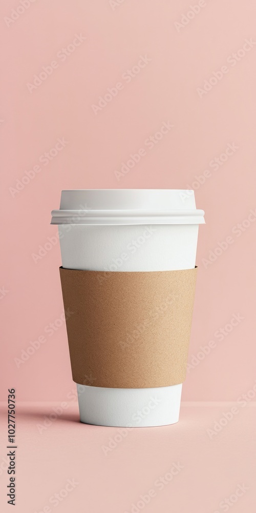 A stylish coffee cup on a soft pink background. The cup is white with a brown sleeve, reflecting minimalistic design. Perfect for cafes, blogs, or marketing content. AI A stylish coffee cup on a soft pink background. The cup is white with a brown sleeve, reflecting minimalistic design. Perfect for cafes, blogs, or marketing content. AI