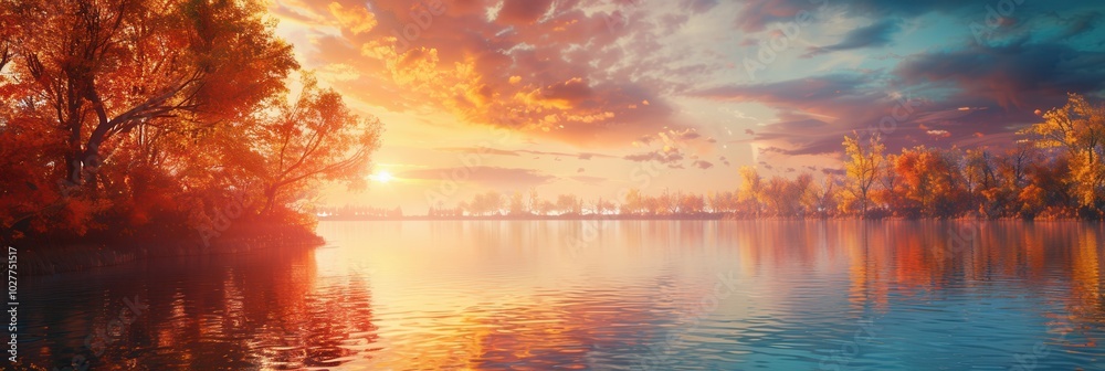 As the sun sets, the sky bursts with color, creating stunning reflections on the serene water surface among autumn foliage. Generative AI As the sun sets, the sky bursts with color, creating stunning reflections on the serene water surface among autumn foliage. Generative AI