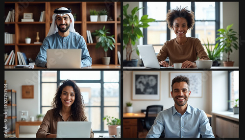 Video conference call: A split-screen view showing multiple people in different environments (home office, coworking space, traditional office) participating in a virtual meeting