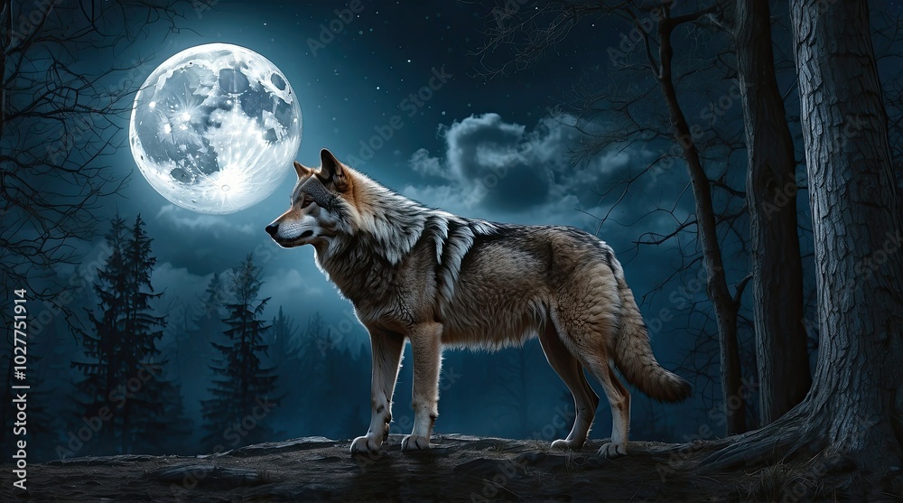 A silhouette of a howling wolf stands on a rocky surface amidst a dense, misty forest. The scene is illuminated by a large, A silhouette of a howling wolf stands on a rocky surface amidst a dense, misty forest. The scene is illuminated by a large,