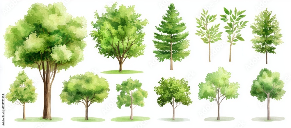Modern set of green leaves for outdoor plans, maps, and architecture drawings, elements for the environment and garden, botanical elements, and spring blooming flowers Modern set of green leaves for outdoor plans, maps, and architecture drawings, elements for the environment and garden, botanical elements, and spring blooming flowers
