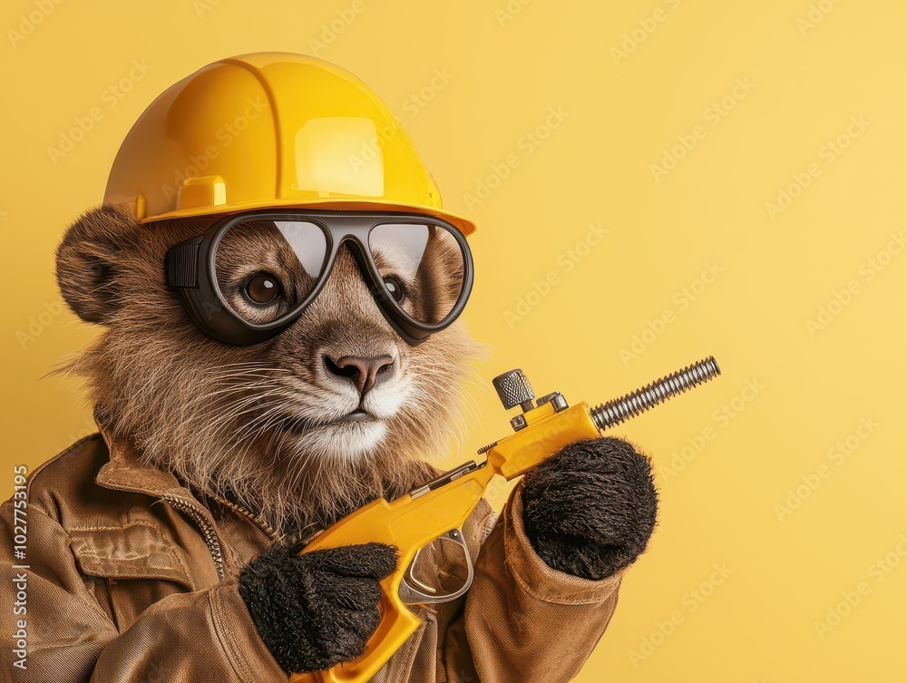 A raccoon wearing a helmet and goggles, holding a spray tool against a yellow background. A raccoon wearing a helmet and goggles, holding a spray tool against a yellow background.