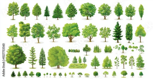 Modern Illustration of Green Tree Elements, for Drawing Natural Icons and Symbolism in Projects, Environment, Nature, Gardens.