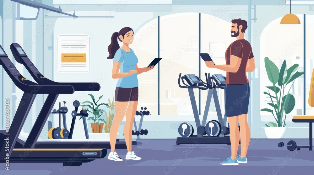 Fototapeta premium Gym membership consultation, vector art, sales professional advising potential client