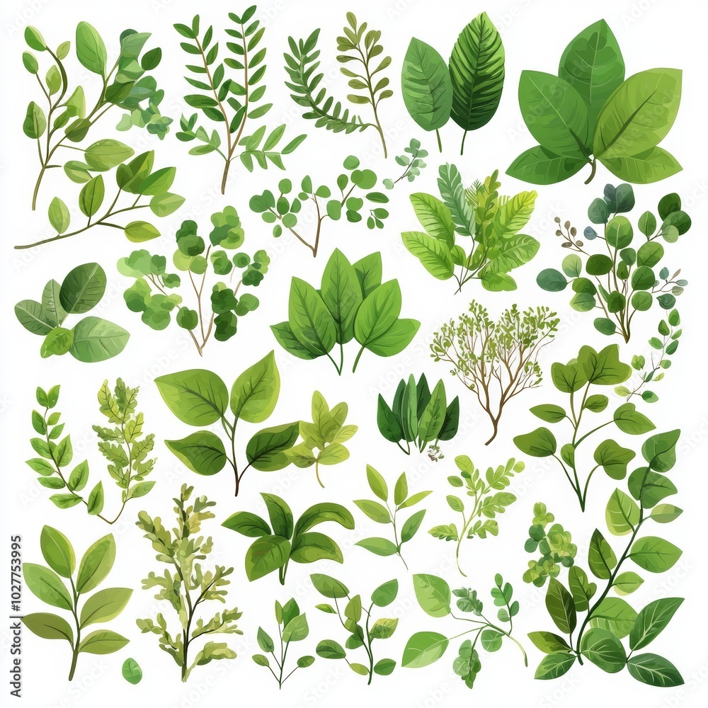 Various plants, trees, leaves, branches, bushes, and pots illustrated in flat style Various plants, trees, leaves, branches, bushes, and pots illustrated in flat style