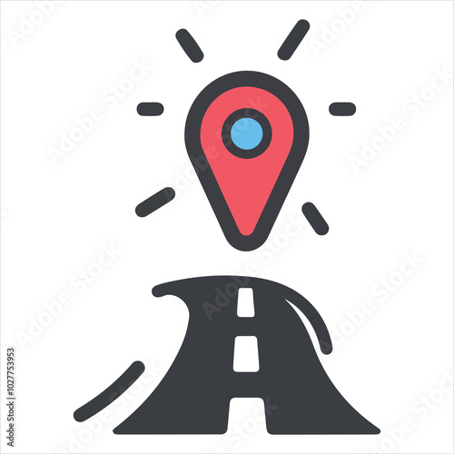 
logo simple de un puntero gps minimalista con una carretera abajo, sobre fondo blanco
