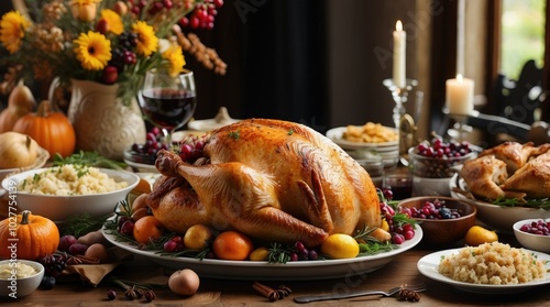 an image of a thanksgiving dinner table with a turkey, pie, and other, victorian thanksgiving feast, vegetables on table and candle, istock