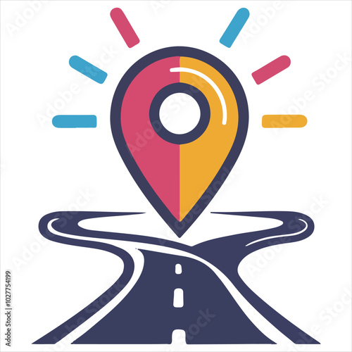 
logo simple de un puntero gps minimalista con una carretera abajo, sobre fondo blanco
