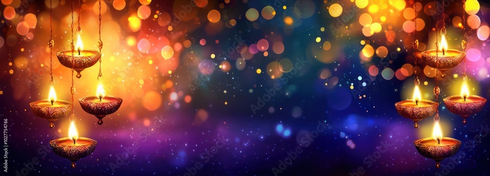 Diwali traditional Indian festival of lights. Holidays of India. Glowing oil amps diyas, colorful festive hanging lanterns Diwali traditional Indian festival of lights. Holidays of India. Glowing oil amps diyas, colorful festive hanging lanterns