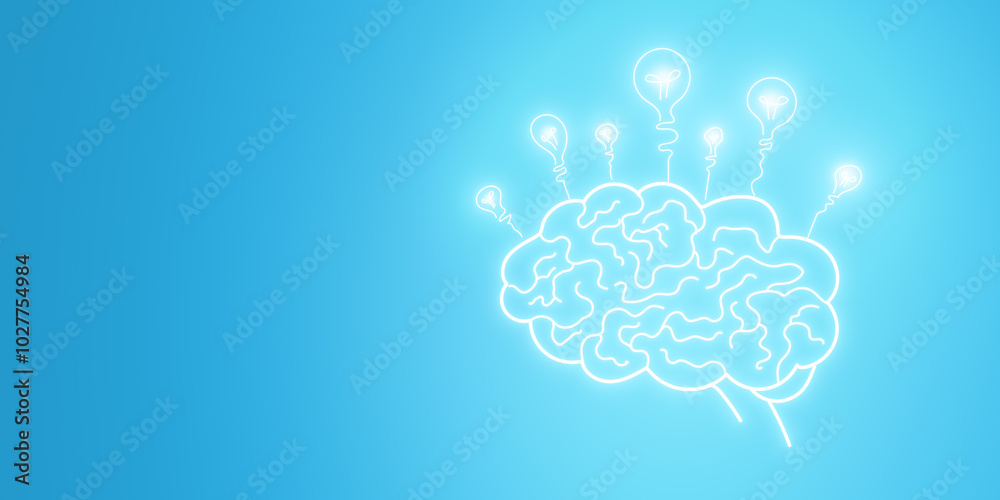 Glowing brain with lamps sketched hologram on blue background with mock up place. Idea, innovation and brainstorm concept. 3D Rendering. Glowing brain with lamps sketched hologram on blue background with mock up place. Idea, innovation and brainstorm concept. 3D Rendering.