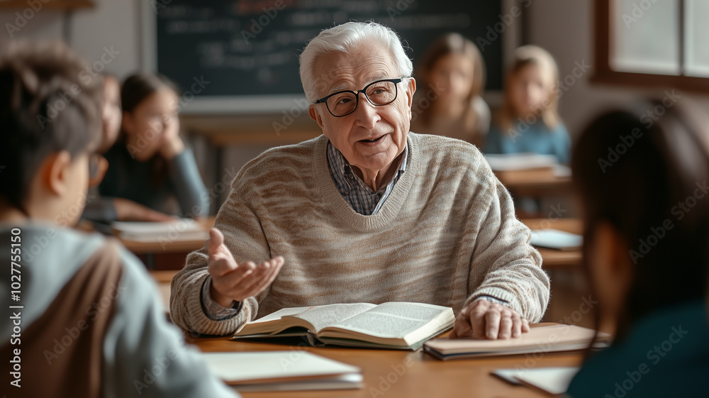Close up of an elderly teacher explaining a concept to students in a classroom, surrounded by desks and books, soft light in the room. Close up of an elderly teacher explaining a concept to students in a classroom, surrounded by desks and books, soft light in the room.