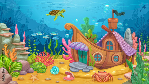 Underwater game landscape with sunken boat house and undersea fishes, vector cartoon background. Sea or ocean coral reef underwater landscape with sunken ship house, turtle and crab for game level