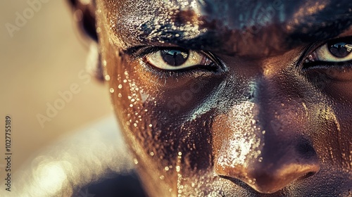 Close-up of a runner determined face with high detail on expressions and sweat during a race