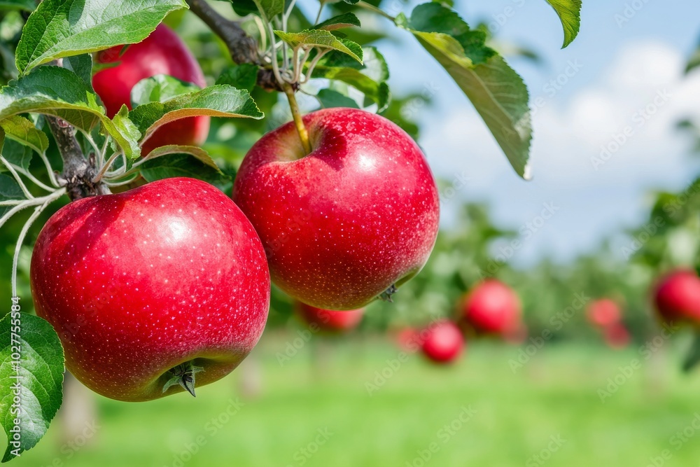 Obraz premium Growing in an organic orchard during sunrise are ripe red apples hung on tree branches.
