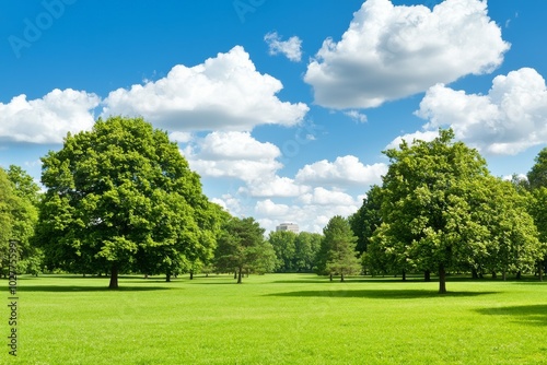 The tops of green trees are pictured against a background of blue sky and clouds in the summer