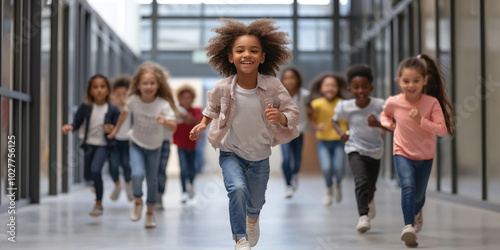 Multiracial group of happy smiling children running down the school corridor.