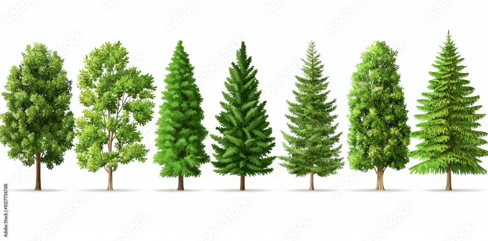 Fototapeta premium Sketch set of trees with different trees, shrubs and grass on a white background. Hand drawn graphic forest. Modern illustration of different trees, shrubs and grass.