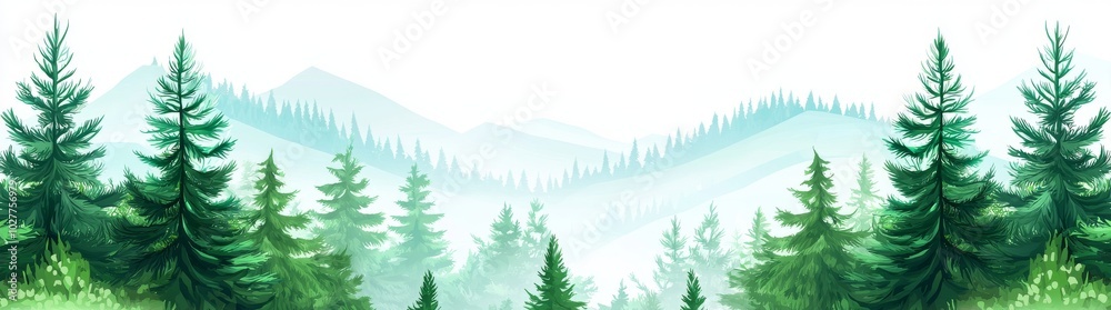 Fototapeta premium The landscape of a forest with pine trees and spruce dotted in the background is a panoramic view. The forest is a white background with pine, spruce, and Christmas trees in silhouette.
