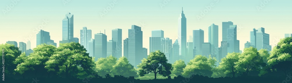Obraz premium A serene city skyline with lush greenery in the foreground, showcasing the harmony of nature and urban life.