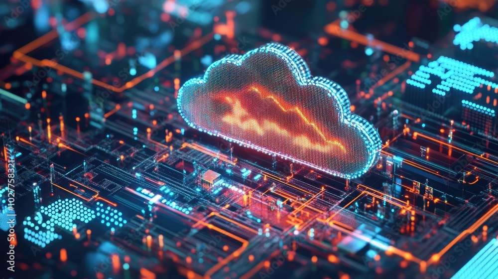 Fototapeta premium Computer network visualization with a bold cloud logo, showing seamless integration of technology and digital data flow