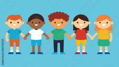 Cohesion of cultures: children in peace. Multicultural children hold hands. Global Friendship: Children in Harmony. Vector illustration.