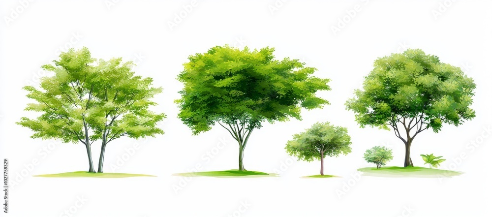 Set of watercolors with tree side views on white for landscape and architectural drawings, elements for gardens and environments, botanical for sections Set of watercolors with tree side views on white for landscape and architectural drawings, elements for gardens and environments, botanical for sections